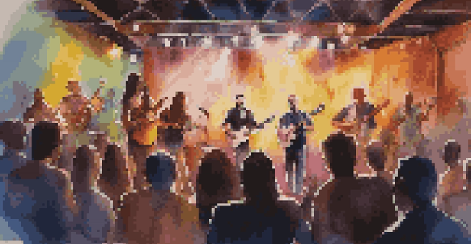 A lively music performance with musicians on stage, colorful lights, and an engaged audience.