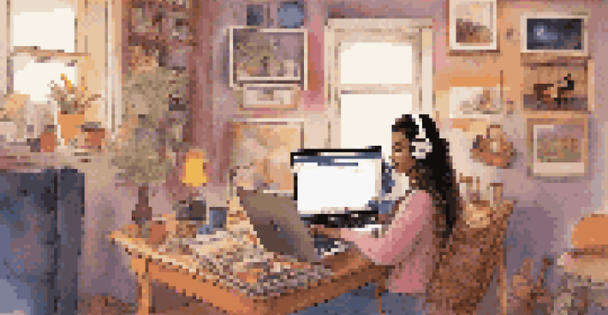 A young female musician working on her laptop to set up a Facebook Ads campaign, surrounded by music notes and album covers in a warmly lit room.