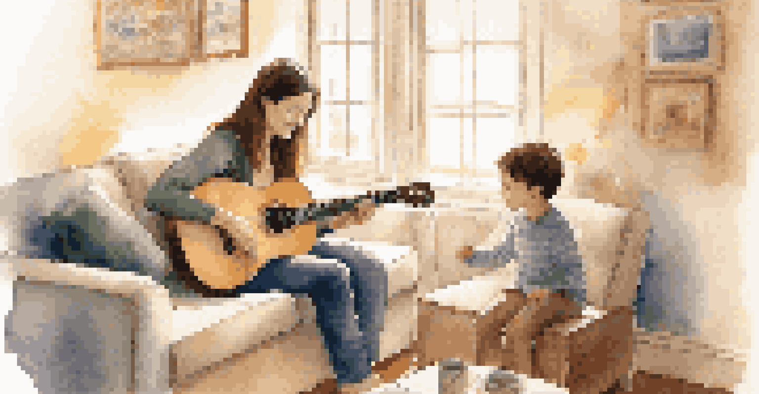 A music therapist and a child with Autism Spectrum Disorder engage in a one-on-one session, clapping rhythmically with a guitar in a cozy setting.