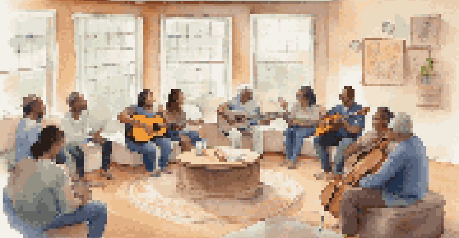 A community music therapy session with diverse individuals sitting in a circle, singing and playing instruments in a cozy room.