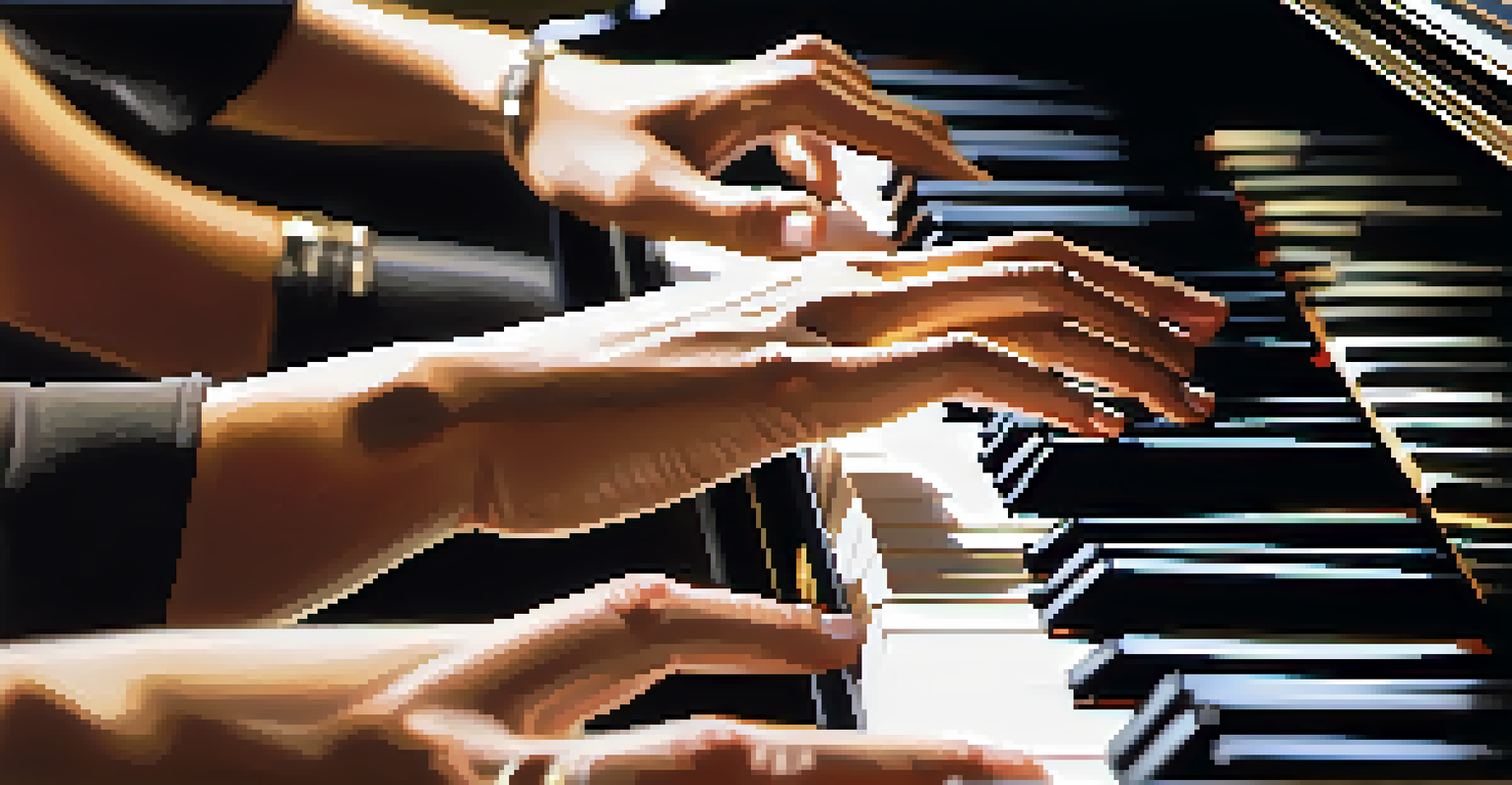 A close-up of hands playing a grand piano, highlighting the keys and the musician's focused expression.