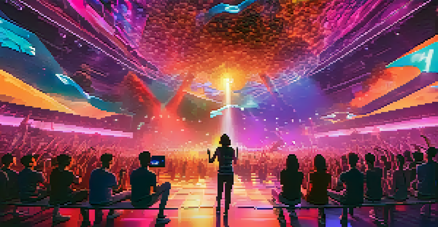 A virtual concert with fans wearing VR headsets, colorful lights, and a digital artist performing on stage in an immersive digital environment.