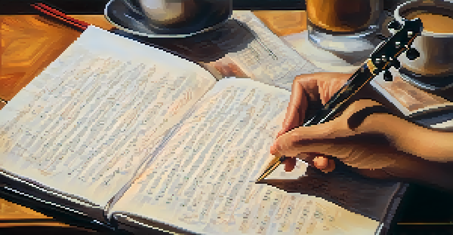 Close-up of hands writing lyrics on a notepad with a coffee cup and musical instruments in the background.