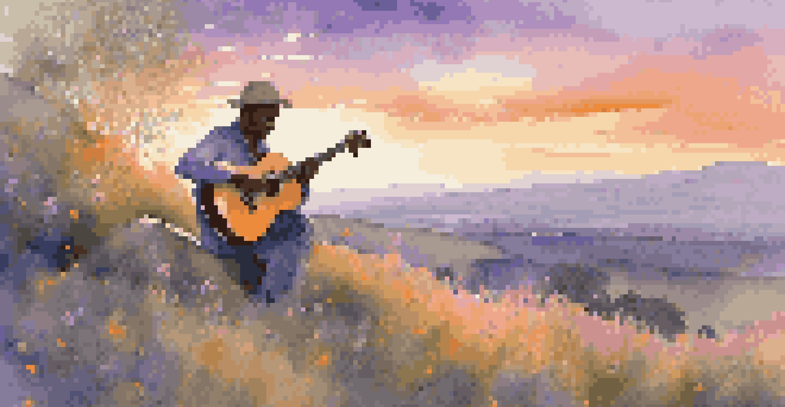 A musician sitting on a hillside at sunset, playing a guitar surrounded by wildflowers, with a colorful sky in the background.
