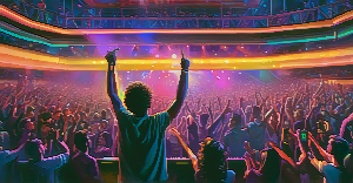 A music artist performing live on stage with colorful lights and an excited crowd cheering.