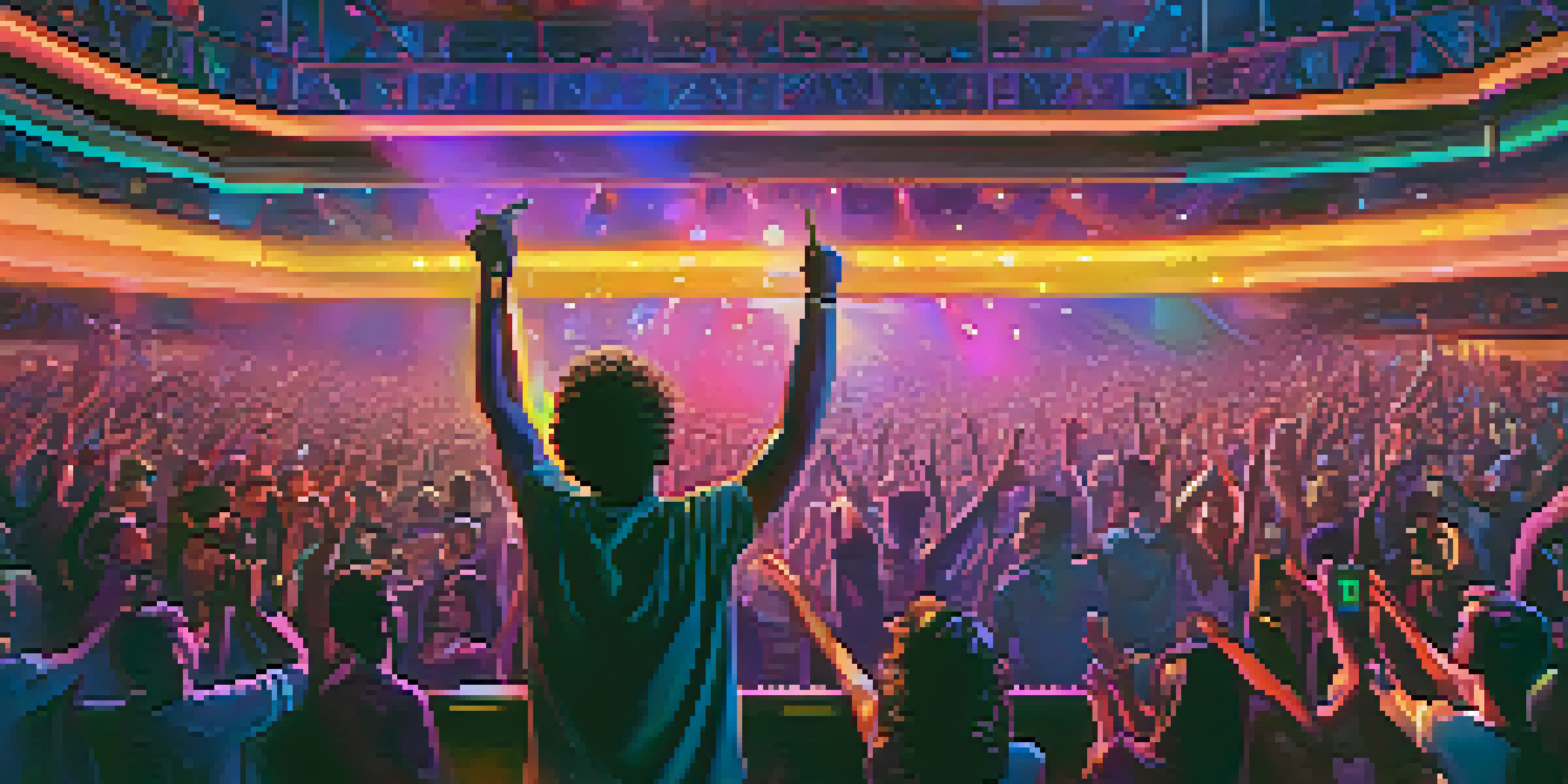 A music artist performing live on stage with colorful lights and an excited crowd cheering.
