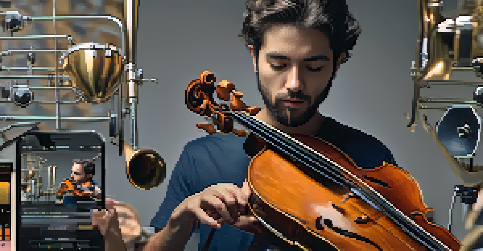 A musician practicing with a smartphone app showing feedback, surrounded by musical instruments.