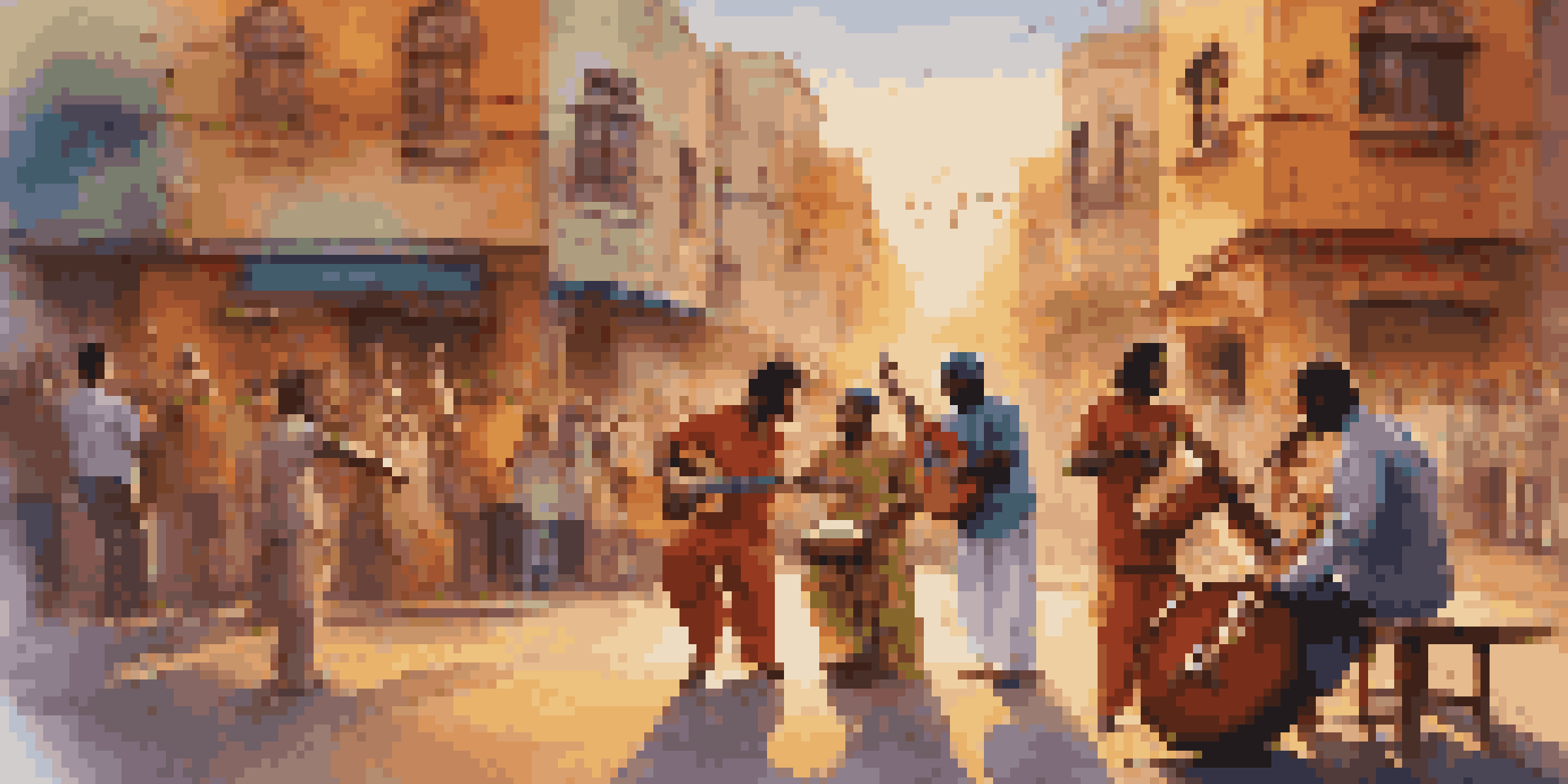 A lively street performance with musicians from various cultures playing together, surrounded by colorful street art and an engaged audience in warm lighting.