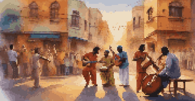 A lively street performance with musicians from various cultures playing together, surrounded by colorful street art and an engaged audience in warm lighting.