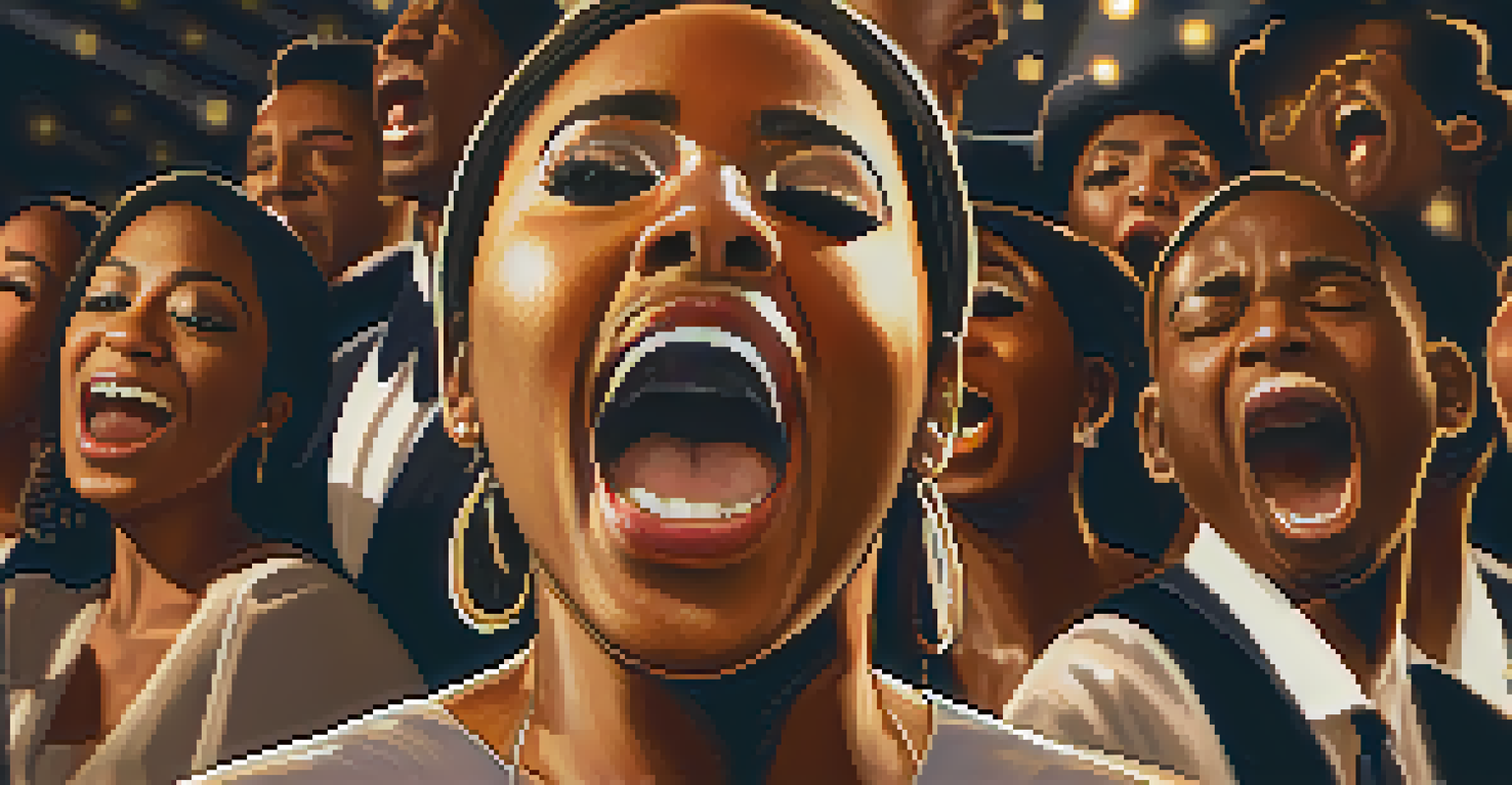 A passionate female vocalist from a gospel choir performing on stage with fellow choir members in the background.
