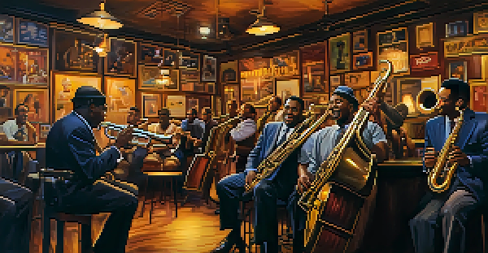 A lively jazz band performing in a cozy New Orleans bar with warm lighting and a colorful mural backdrop.