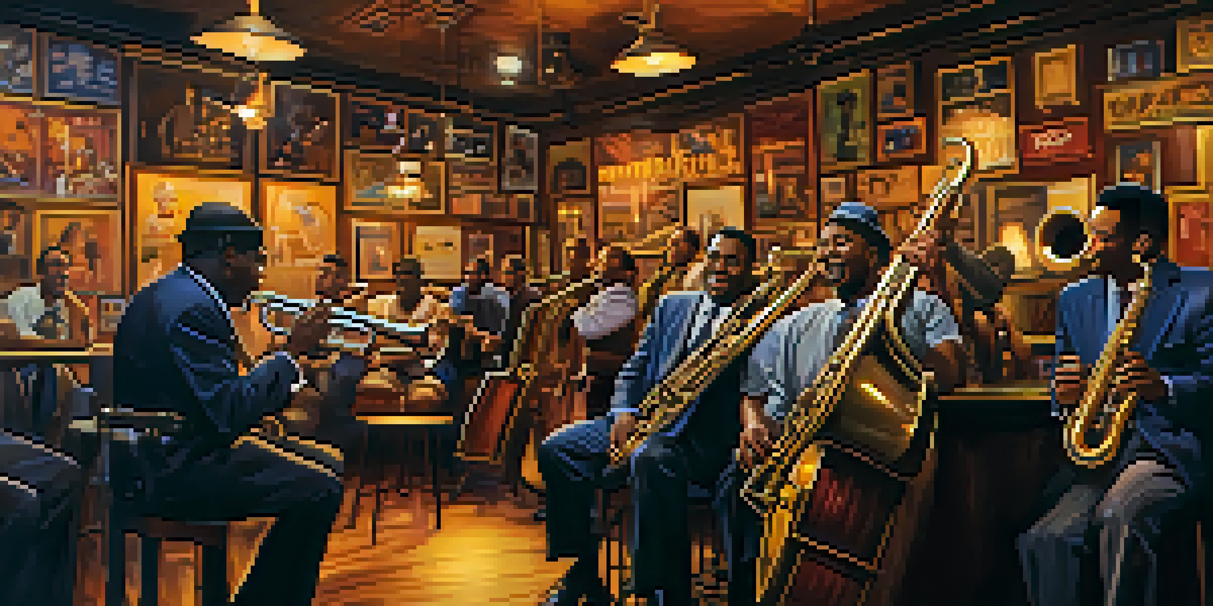 A lively jazz band performing in a cozy New Orleans bar with warm lighting and a colorful mural backdrop.
