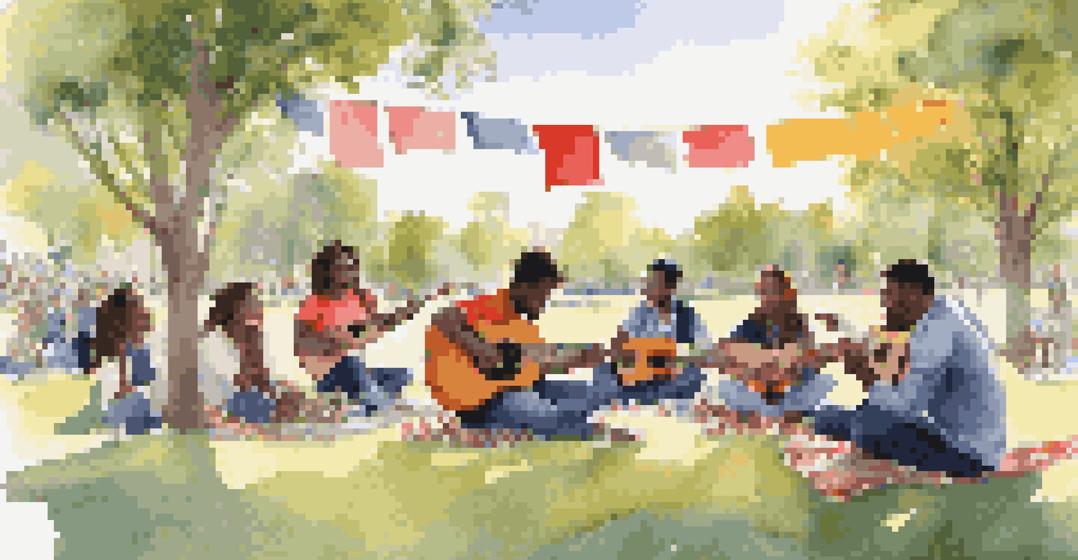 A group of young people in a park, playing guitars and singing protest songs with colorful banners, expressing passion and engagement in social issues.
