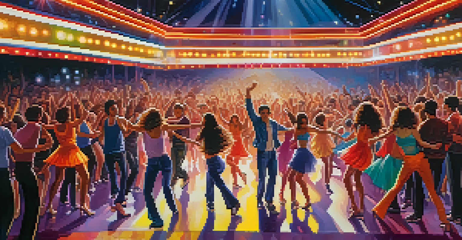 A vibrant disco dance contest scene with dancers on stage, colorful lights, and an enthusiastic audience cheering in the background.