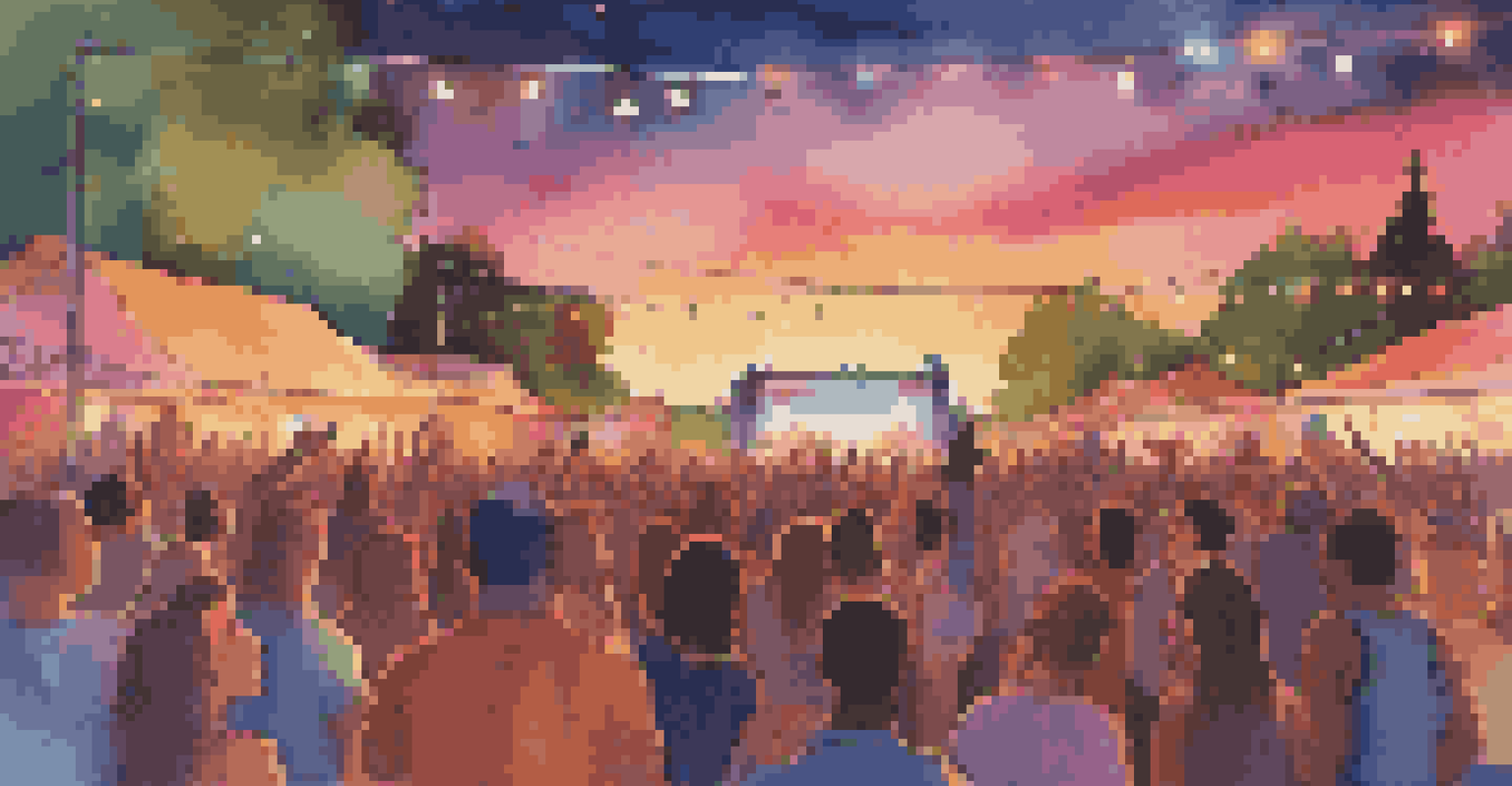 A lively outdoor music festival at sunset with a diverse crowd enjoying a performance, colorful lights illuminating the stage, and friends laughing in the foreground.