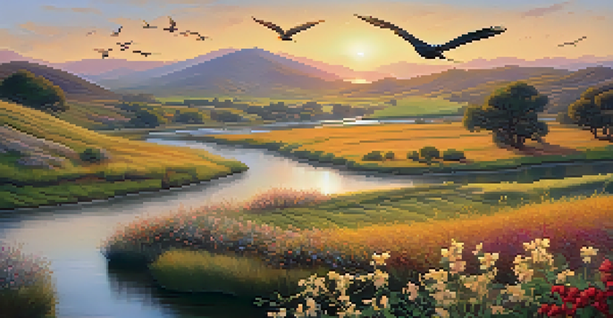 A beautiful sunrise landscape with rolling hills, a winding river, blooming flowers, and birds flying in the sky.