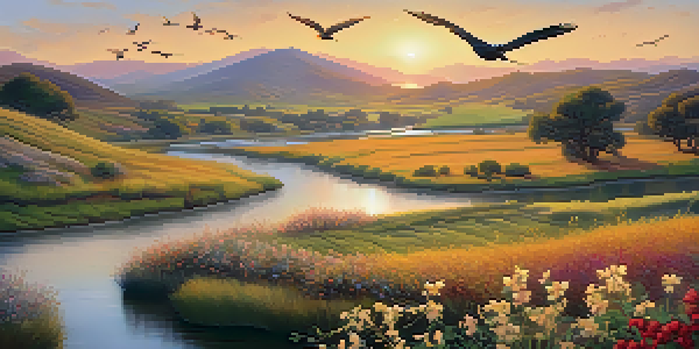 A beautiful sunrise landscape with rolling hills, a winding river, blooming flowers, and birds flying in the sky.