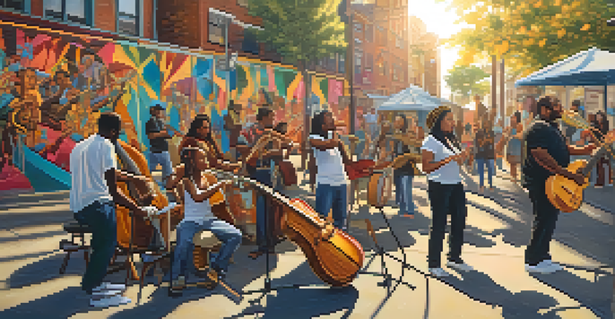 A colorful street mural featuring musicians with traditional instruments and graffiti, with diverse people gathered around in a sunny urban setting.
