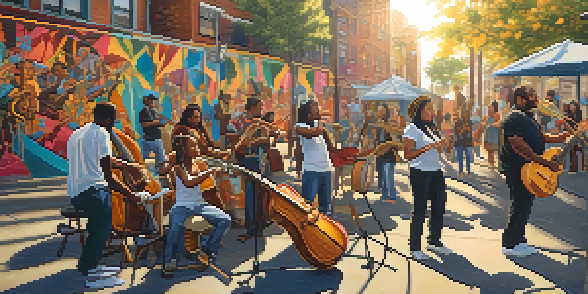 A colorful street mural featuring musicians with traditional instruments and graffiti, with diverse people gathered around in a sunny urban setting.