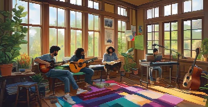 Three diverse songwriters collaborating in a sunlit room filled with creativity, surrounded by instruments and notes.