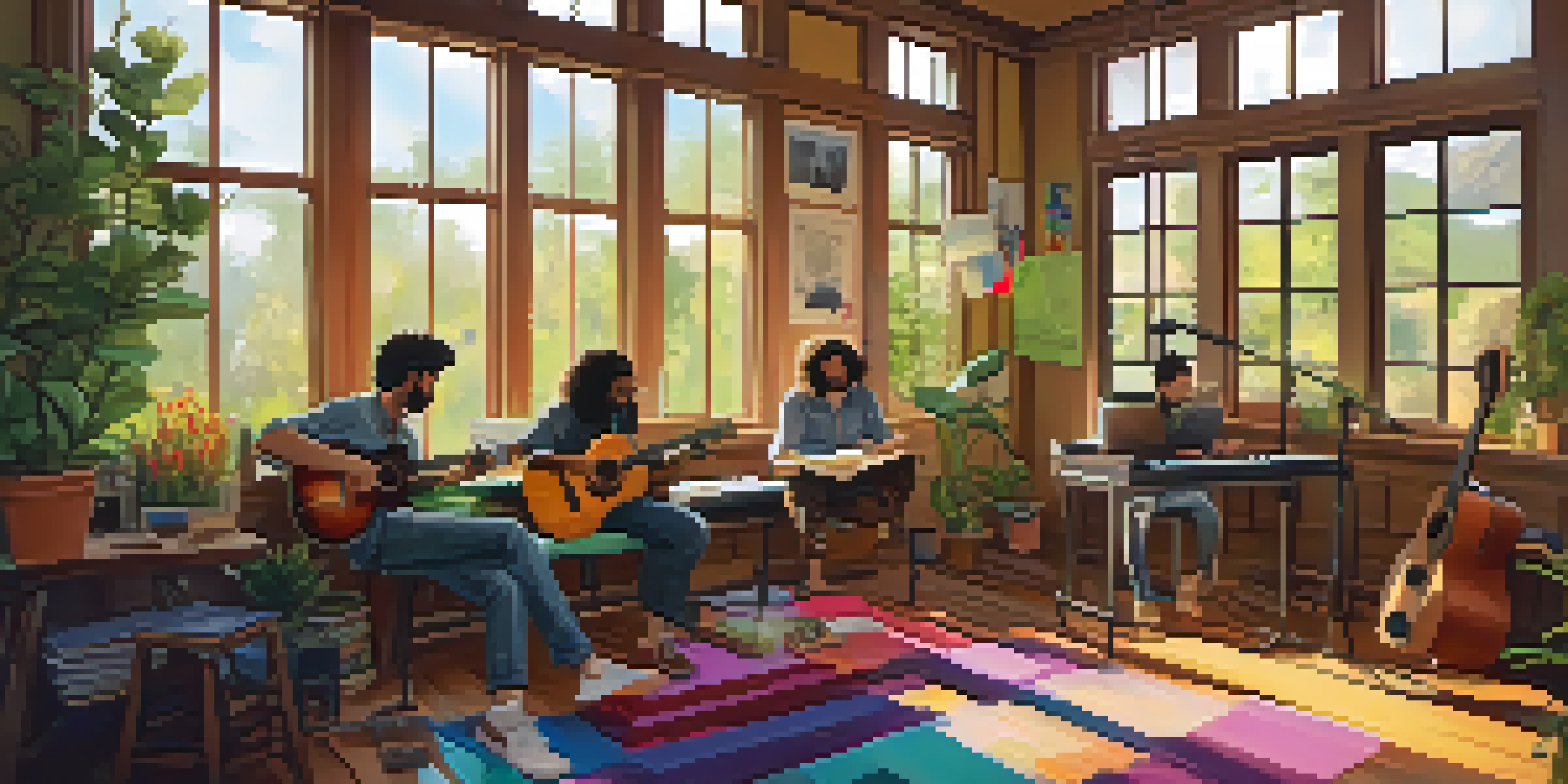 Three diverse songwriters collaborating in a sunlit room filled with creativity, surrounded by instruments and notes.