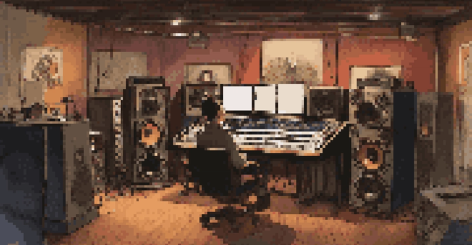 A sound designer working in a warm, cozy film studio surrounded by sound equipment and film posters.
