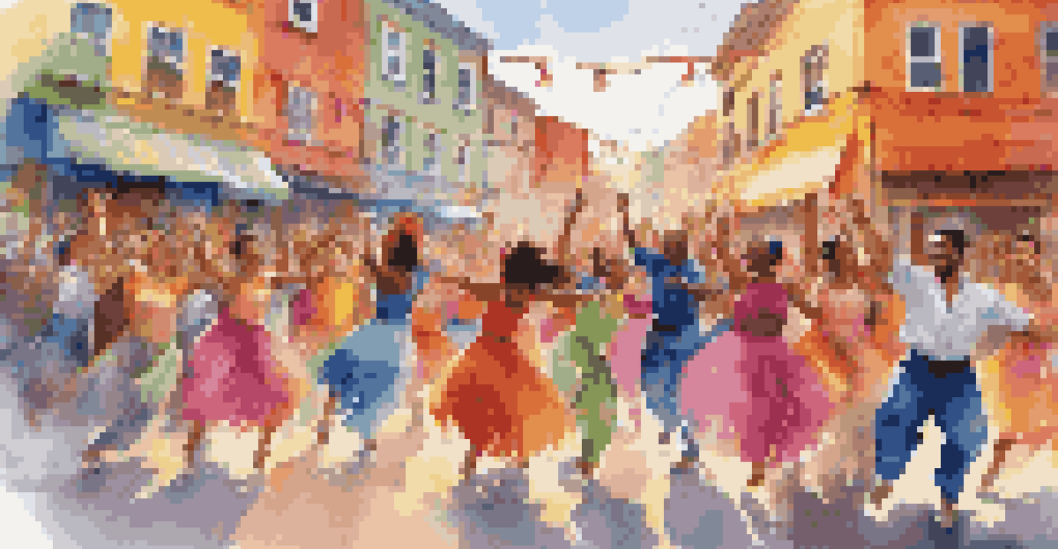 A group of dancers performing joyfully on a lively street with colorful murals in the background.