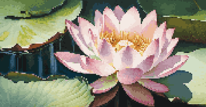 A close-up of a blooming lotus flower in a pond, with pink and white petals and green leaves.