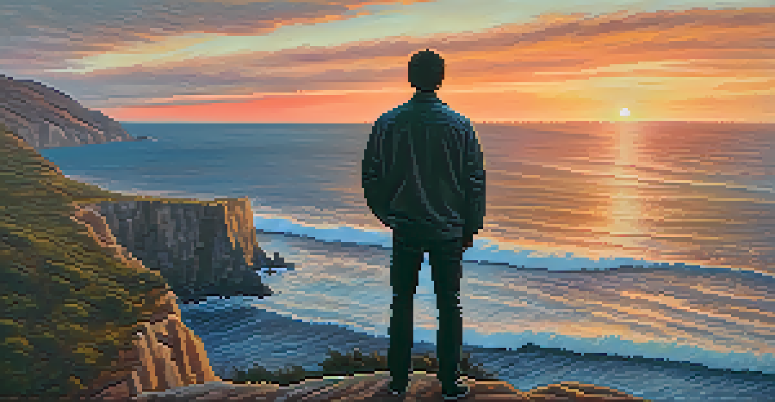A solo artist standing on a cliff at sunset, looking out to the sea, symbolizing introspection and resilience.