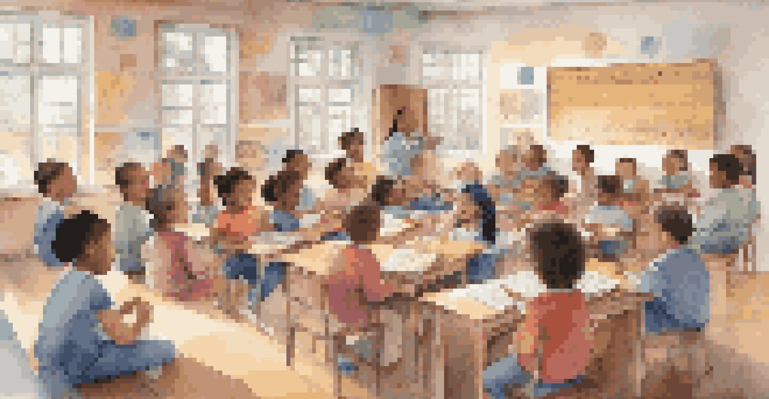 Children from different backgrounds in a classroom learning about music, sitting together with instruments and decorated walls, symbolizing unity and cultural exchange.
