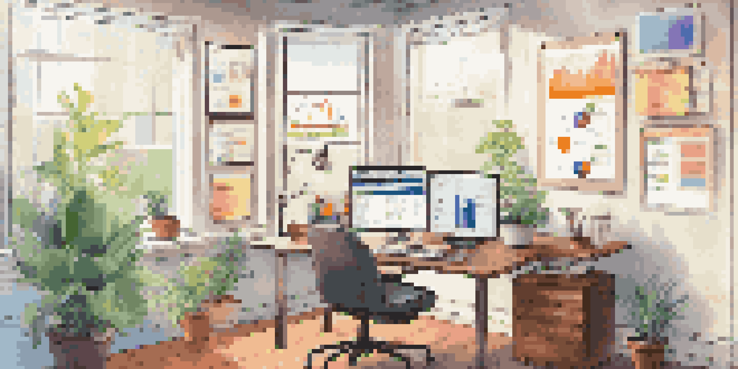 A bright and colorful digital marketing workspace with a monitor showing data analytics, sticky notes, and a coffee cup.