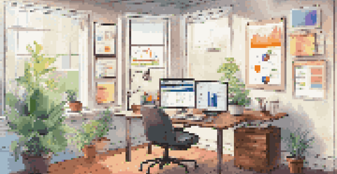 A bright and colorful digital marketing workspace with a monitor showing data analytics, sticky notes, and a coffee cup.