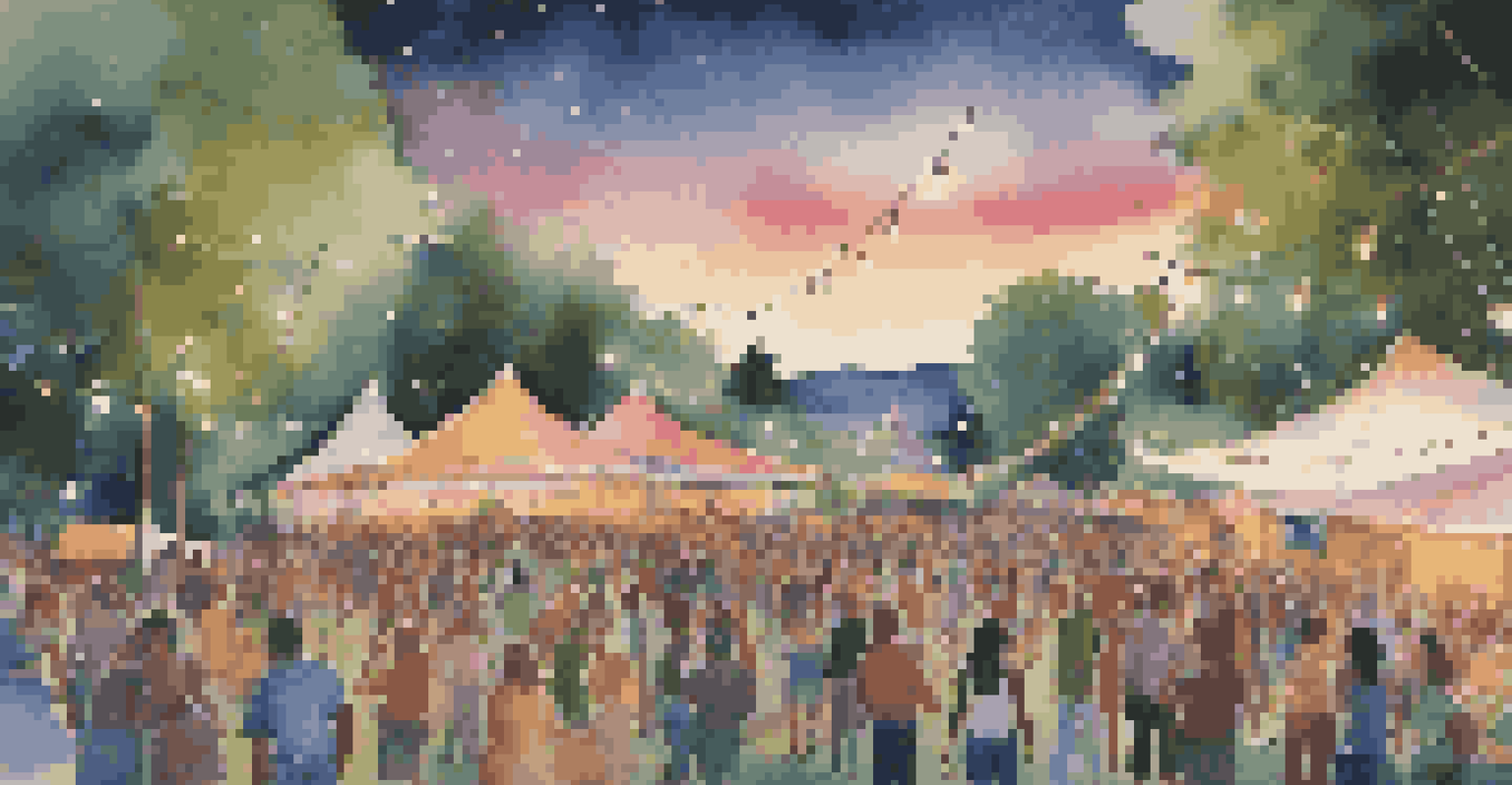 An outdoor music festival with colorful tents, people dancing, and musicians performing on stage surrounded by greenery.