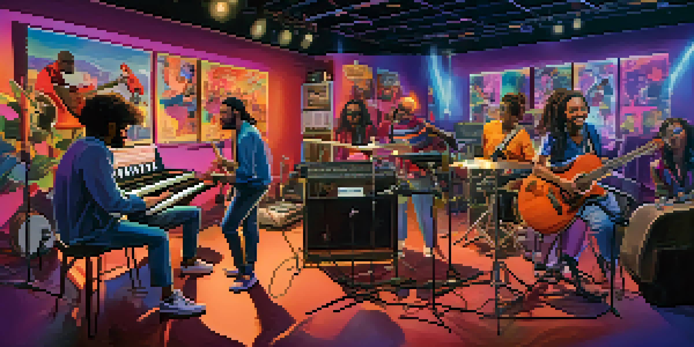 A group of musicians from different backgrounds participating in a virtual jam session, smiling and playing instruments on a video call, with colorful musical graphics in the background.