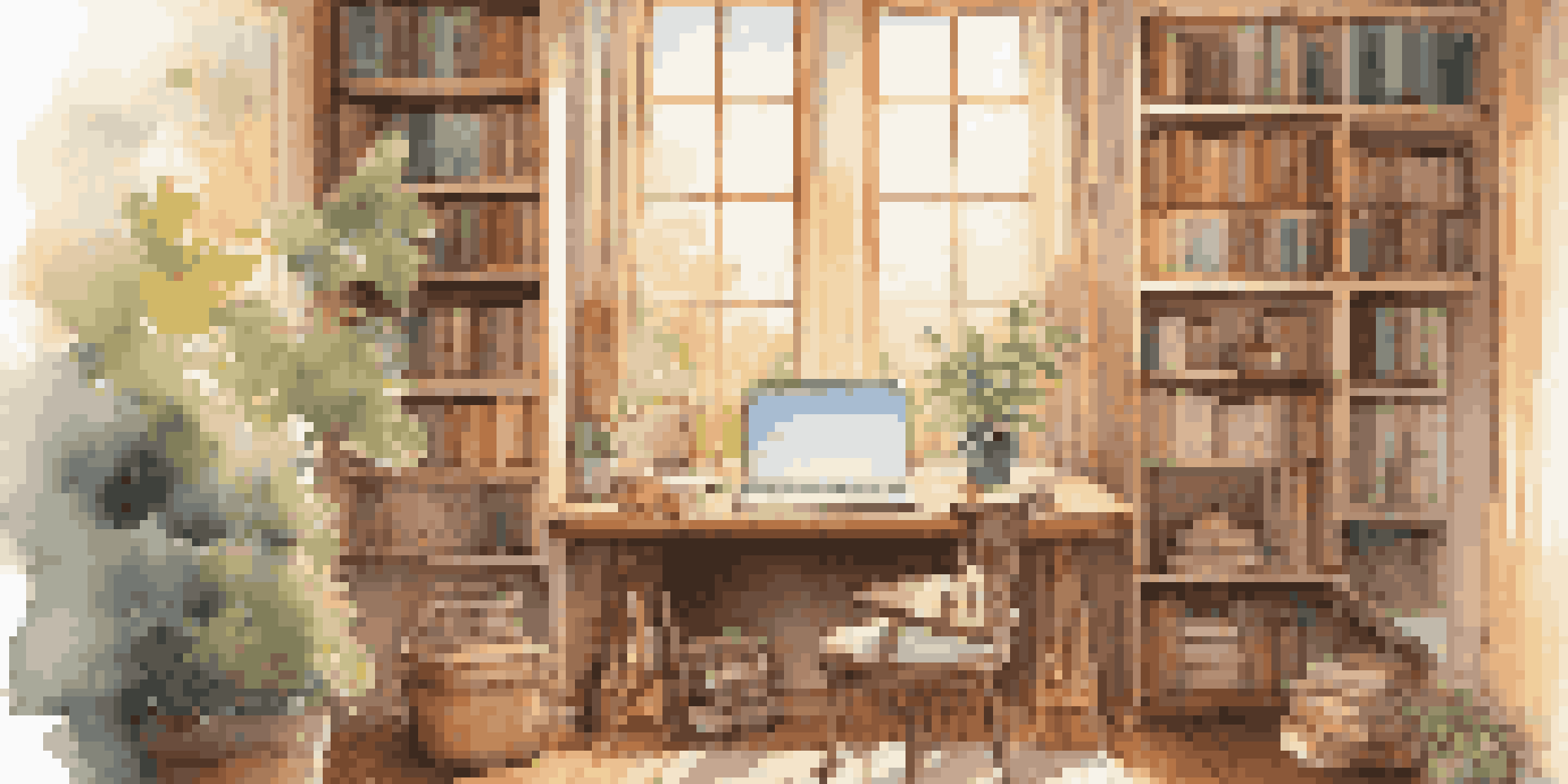 A warm and inviting study room, with a desk, books, and musical notes floating in the air.