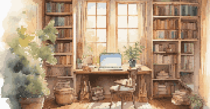 A warm and inviting study room, with a desk, books, and musical notes floating in the air.