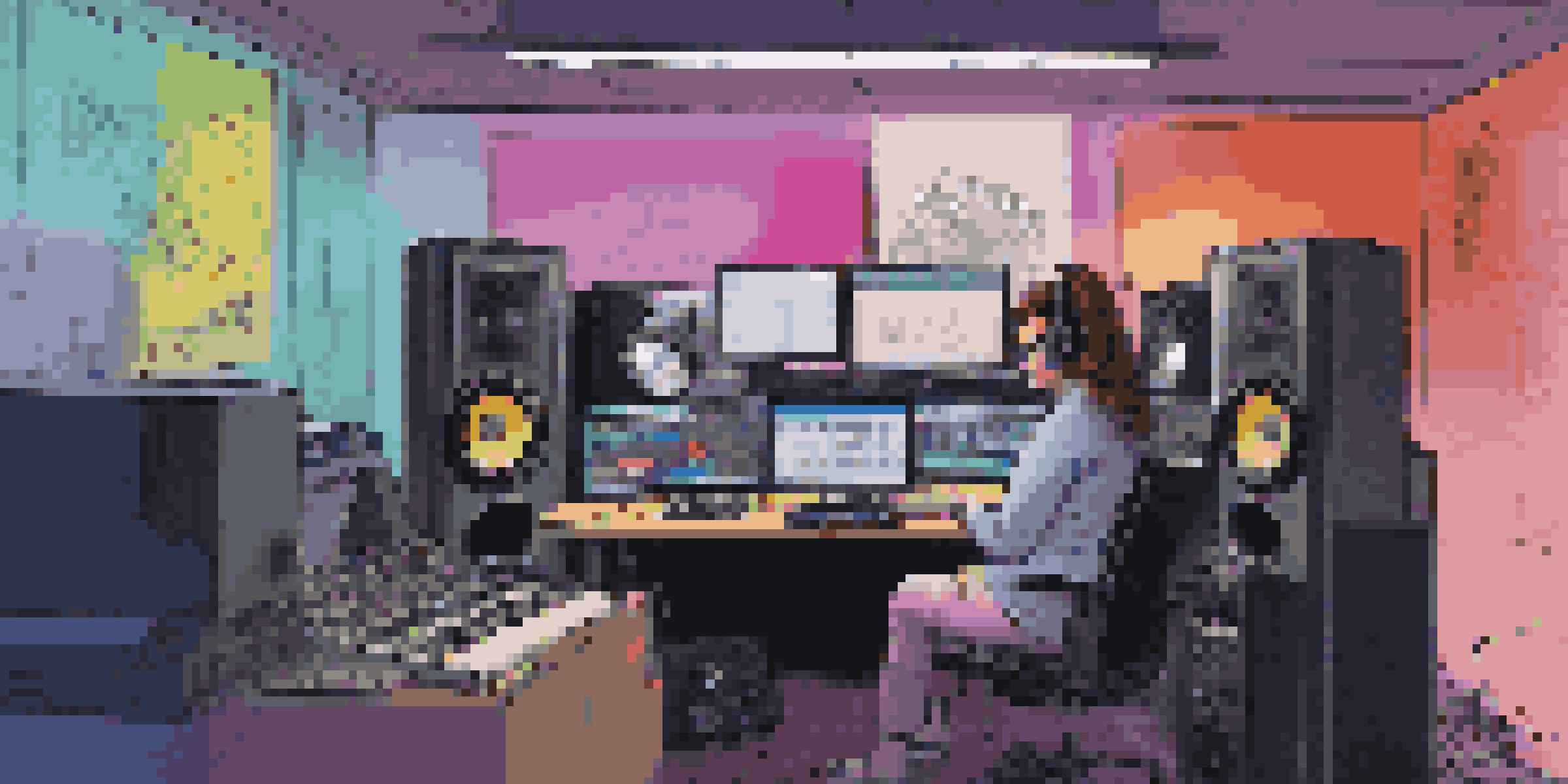 A music supervisor working in a bright, modern studio filled with sound equipment and records, focused on audio editing.