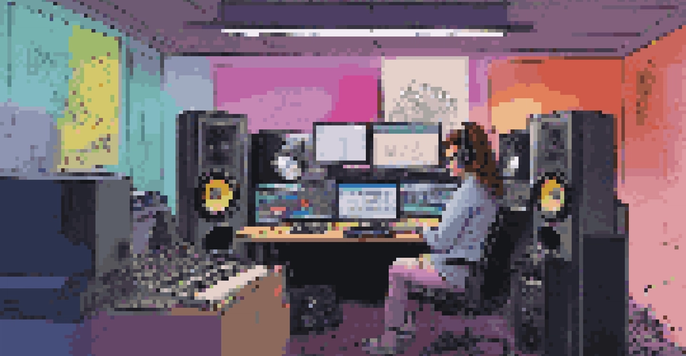 A music supervisor working in a bright, modern studio filled with sound equipment and records, focused on audio editing.