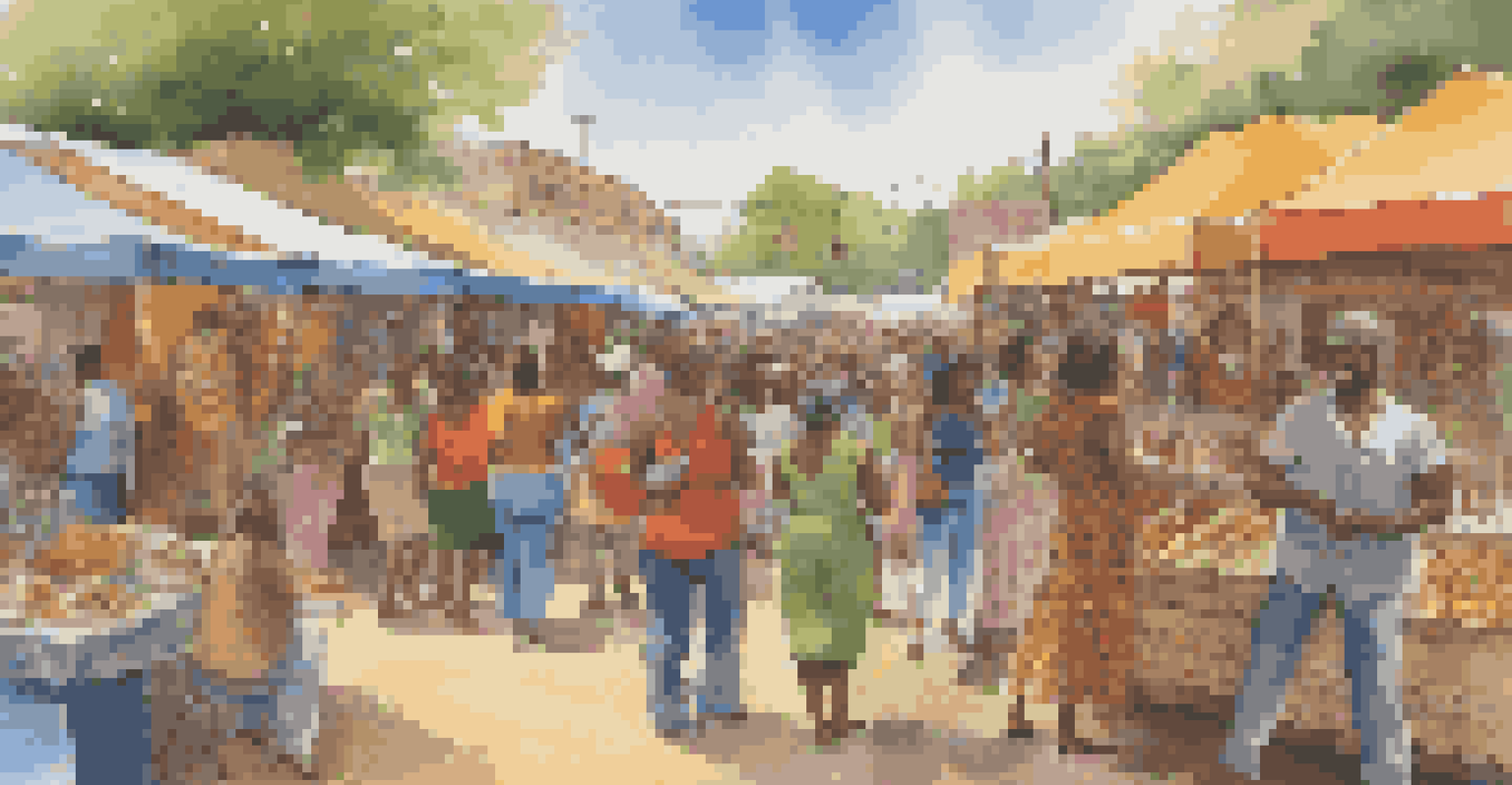 A lively market at a reggae festival with diverse attendees exploring stalls filled with handmade crafts, vibrant clothing, and food under a bright blue sky.