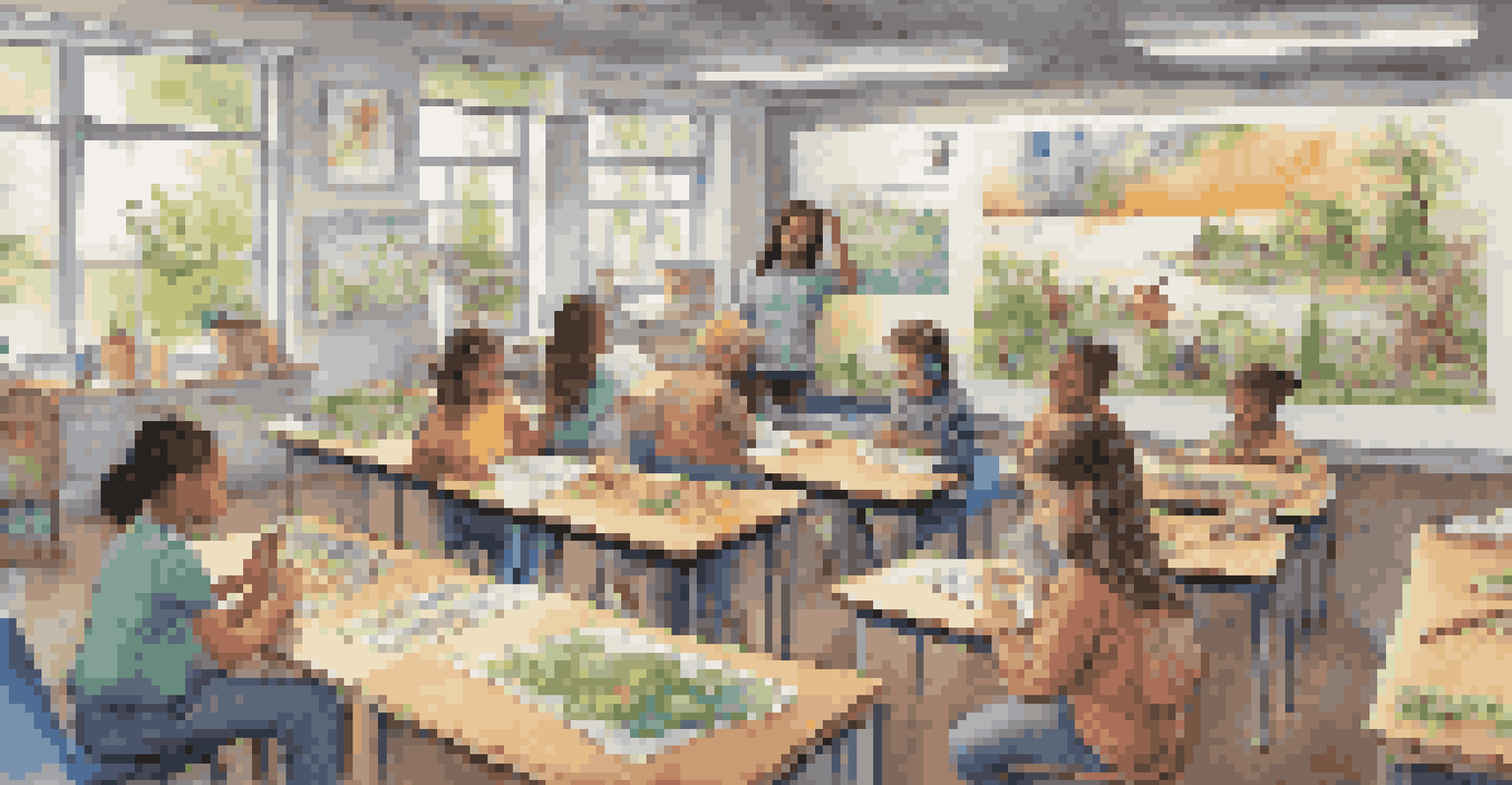 Students in a classroom working on a music project about environmental sustainability, surrounded by instruments and colorful wildlife posters.