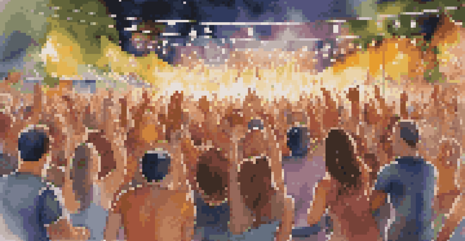 A vibrant outdoor music festival scene with a crowd dancing and colorful lights, capturing the joy and excitement of live music.