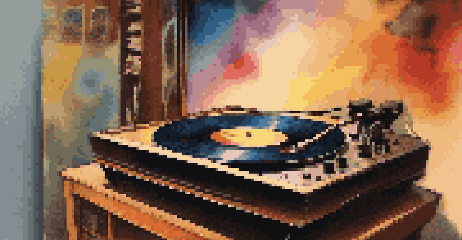 A close-up of a spinning vinyl record on a turntable with colorful sound waves and a cozy room background.
