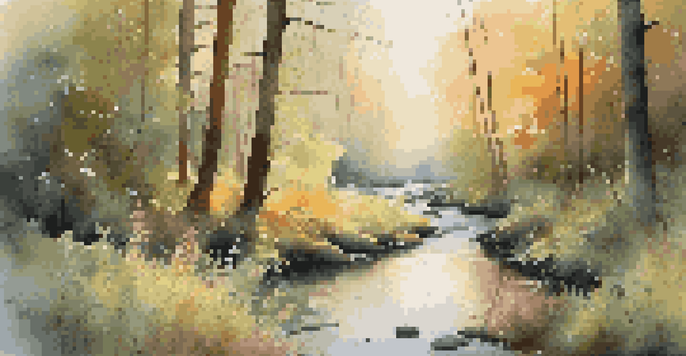 A peaceful forest scene at dawn with sunlight, flowers, and a stream.