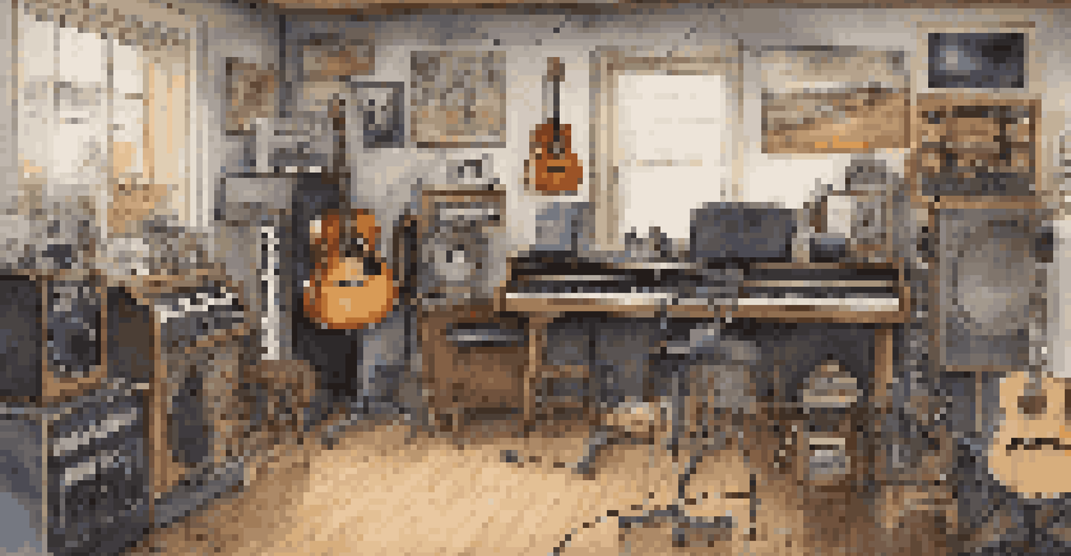A music studio with an acoustic musician and an electric artist working together, surrounded by various instruments.