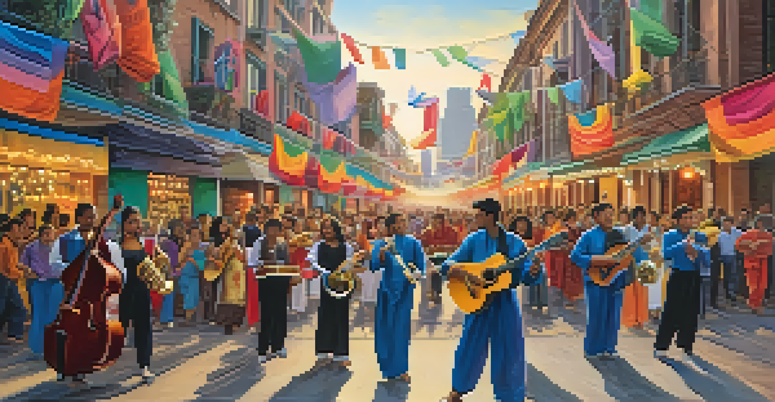 Musicians from different cultural backgrounds performing together in a colorful street scene, with an enthusiastic crowd enjoying the music.