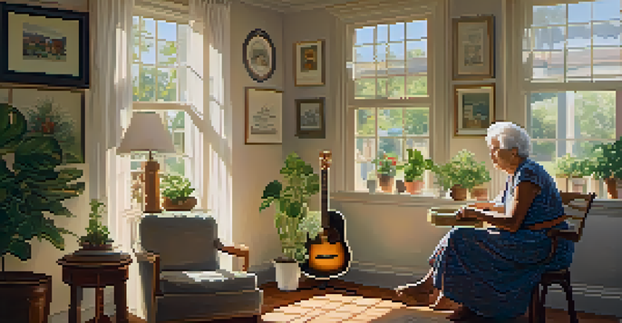 An elderly woman sitting in a sunlit room playing a guitar, surrounded by plants and framed photos, evoking a sense of peace and nostalgia.
