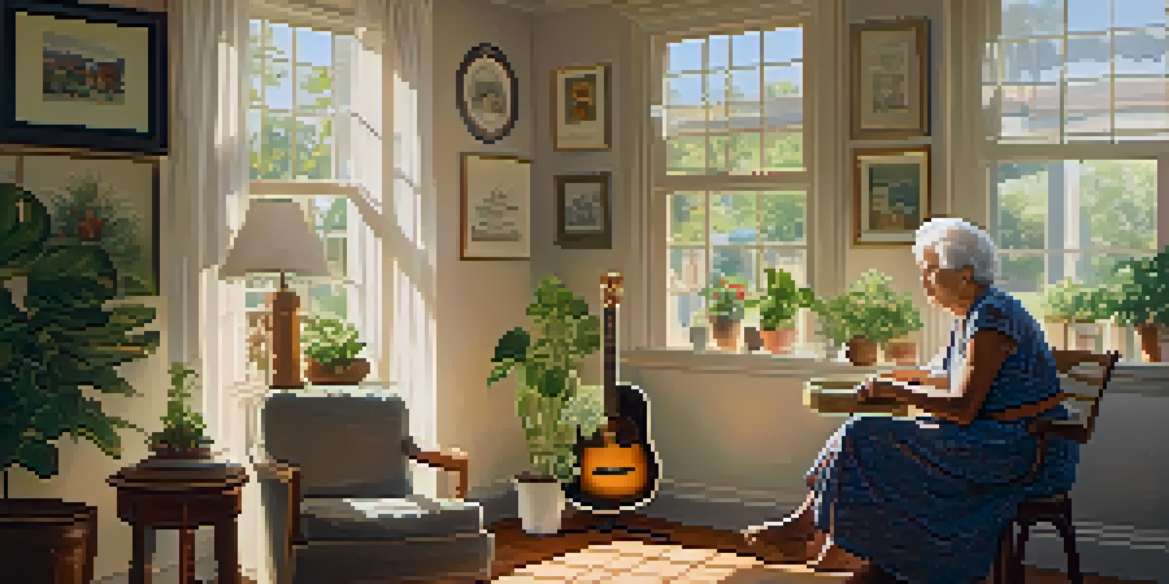 An elderly woman sitting in a sunlit room playing a guitar, surrounded by plants and framed photos, evoking a sense of peace and nostalgia.