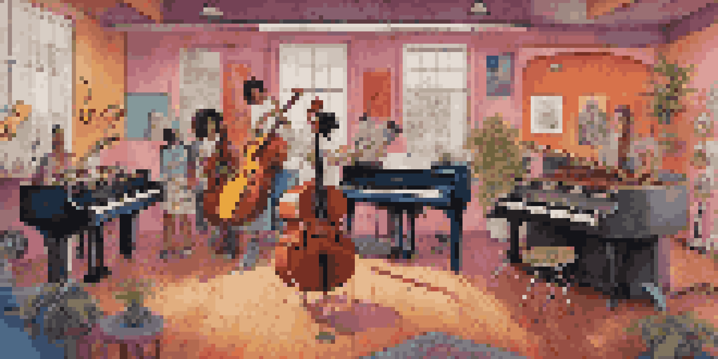 A diverse group of musicians collaborating in a colorful music studio, surrounded by instruments and posters of female artists.