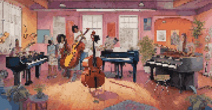 A diverse group of musicians collaborating in a colorful music studio, surrounded by instruments and posters of female artists.