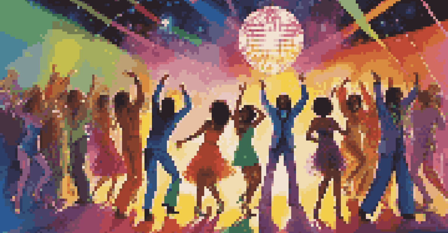 A lively 1970s disco party with colorful lights, people dancing under a disco ball, and vibrant outfits.